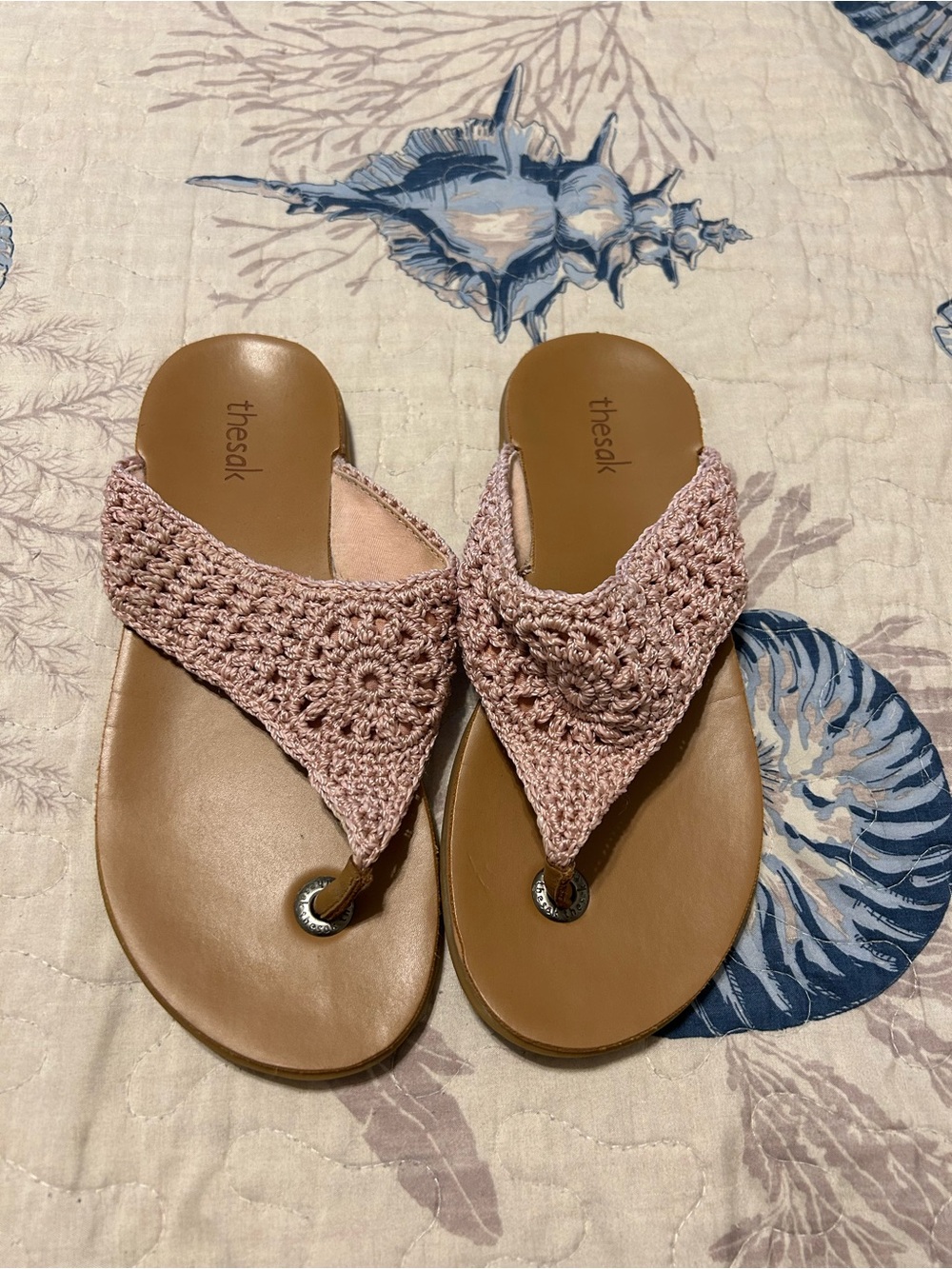 The Sak Crochet Pink Leather Thong Sandals